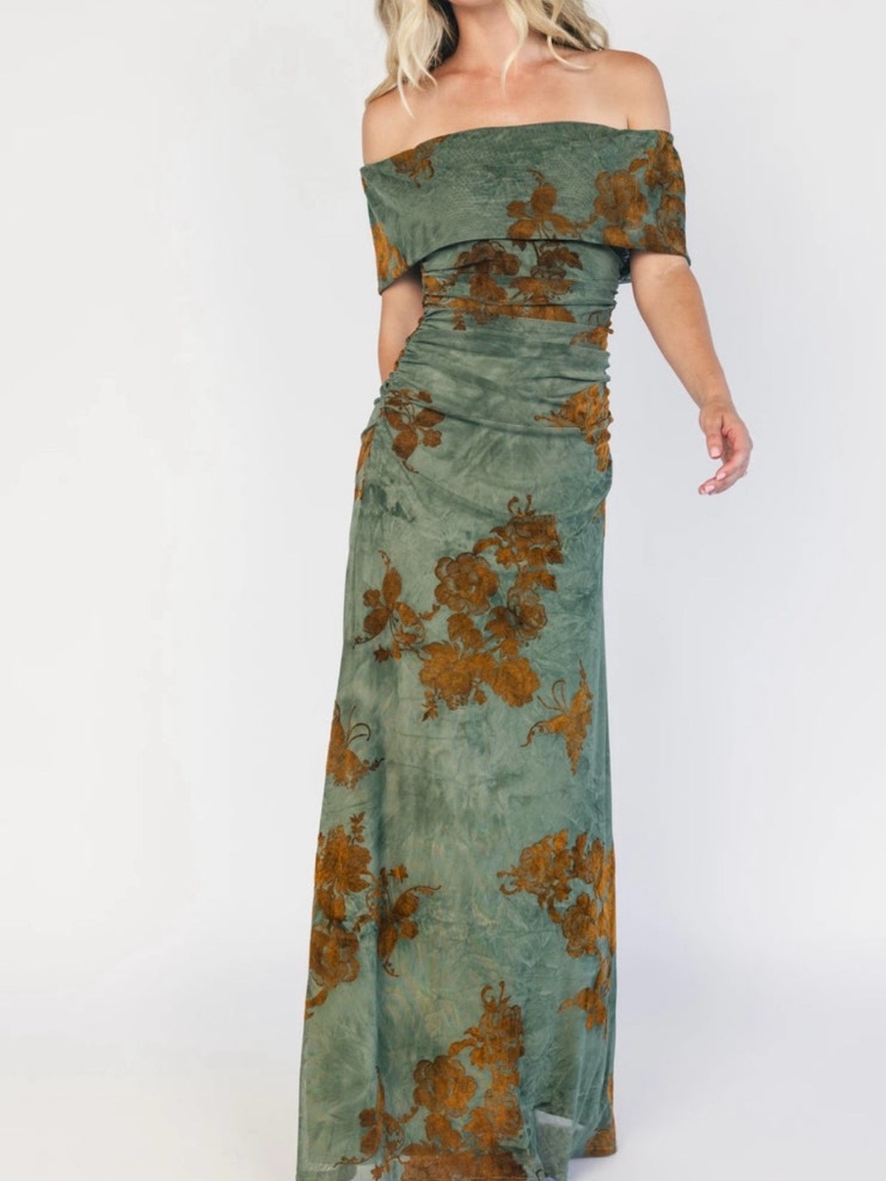 Baltic Born Olive Green Off-Shoulder Floral Maxi Dress